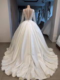Elegant V-neck Longsleeves White Wedding Dresses Satin Lace Bridal Gowns With Appliques On Sale-27dress