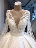 Elegant V-neck Longsleeves White Wedding Dresses Satin Lace Bridal Gowns With Appliques On Sale-27dress