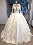 Elegant V-neck Longsleeves White Wedding Dresses Satin Lace Bridal Gowns With Appliques On Sale-27dress