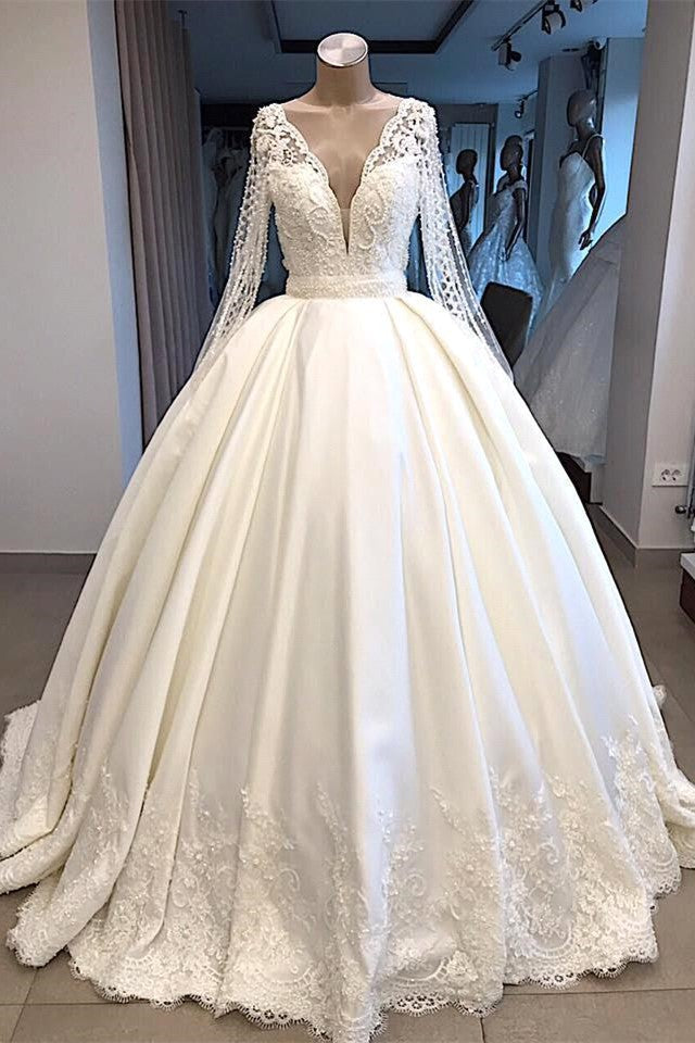 Elegant V-neck Longsleeves White Wedding Dresses Satin Lace Bridal Gowns With Appliques On Sale-27dress