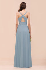 Elegant V-Neck Ruffle Dusty Blue Chiffon Bridesmaid Dresses Online-27dress