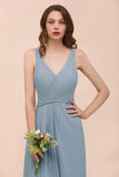 Elegant V-Neck Ruffle Dusty Blue Chiffon Bridesmaid Dresses Online-27dress