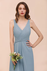 Elegant V-Neck Ruffle Dusty Blue Chiffon Bridesmaid Dresses Online-27dress