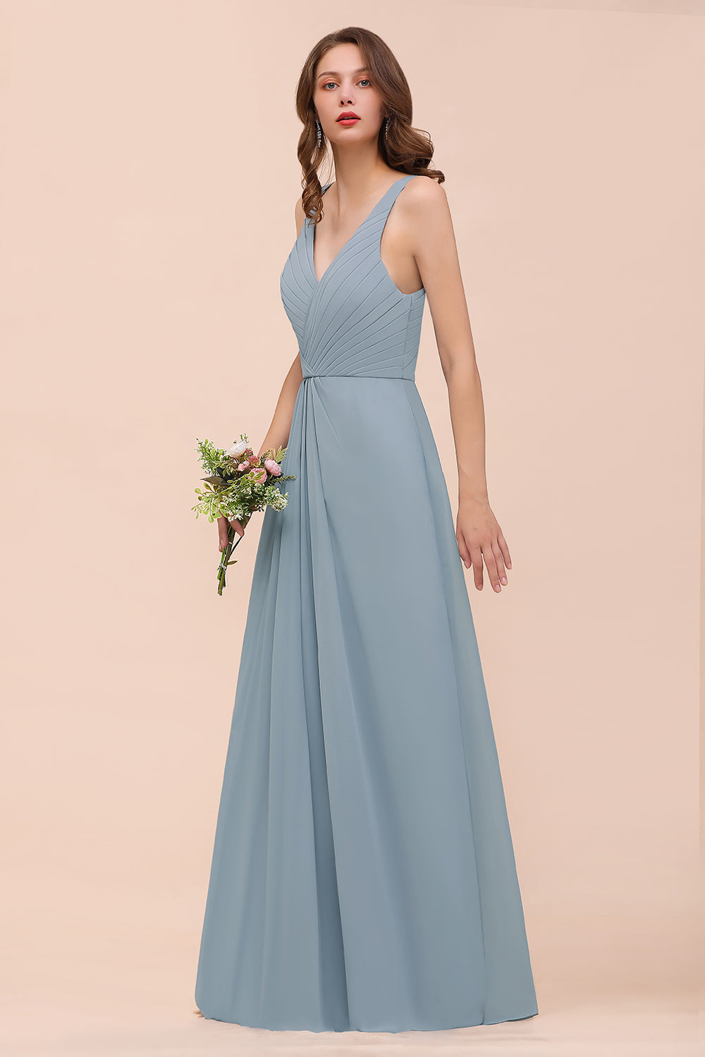 Elegant V-Neck Ruffle Dusty Blue Chiffon Bridesmaid Dresses Online-27dress