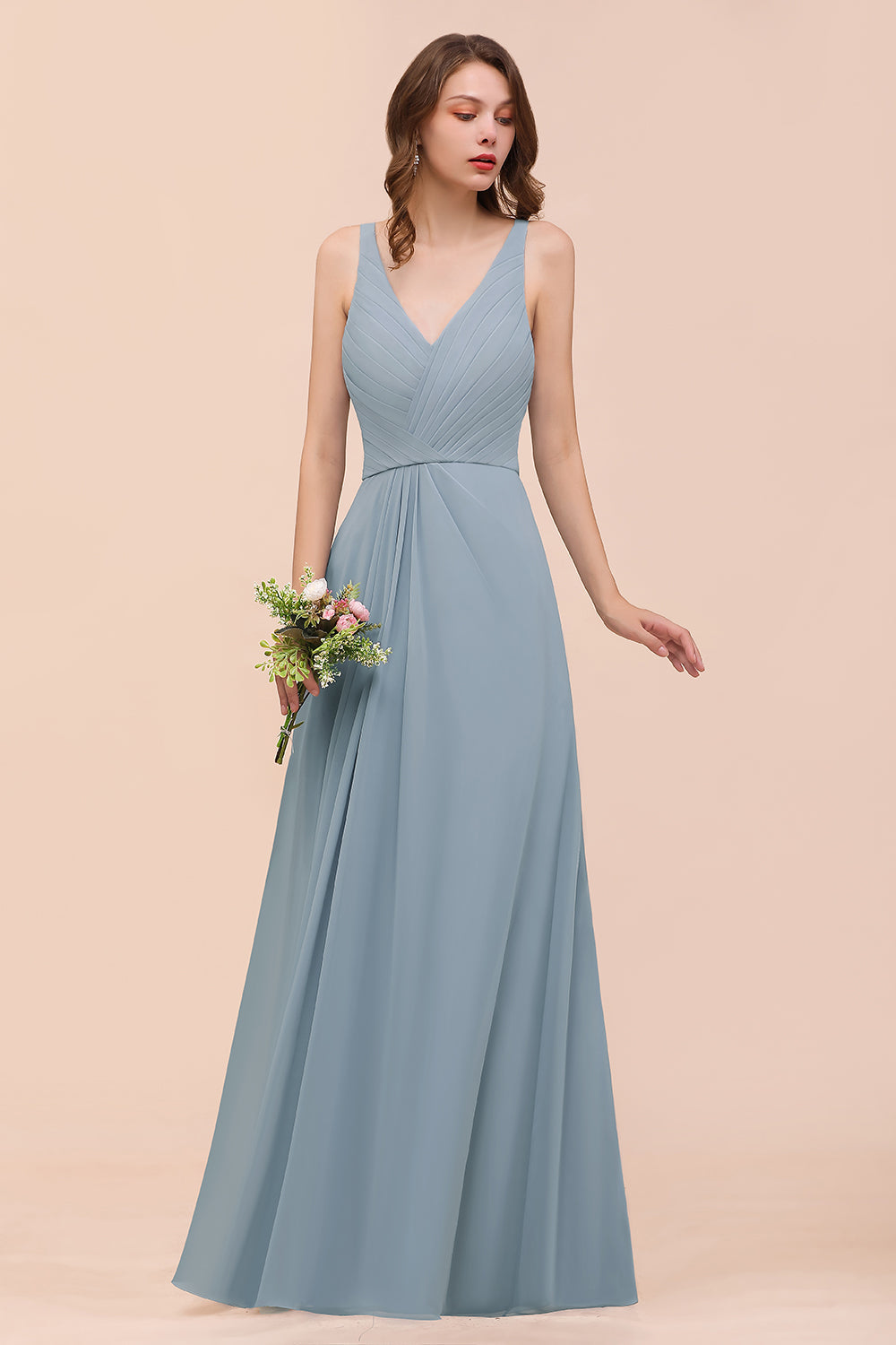 Elegant V-Neck Ruffle Dusty Blue Chiffon Bridesmaid Dresses Online-27dress