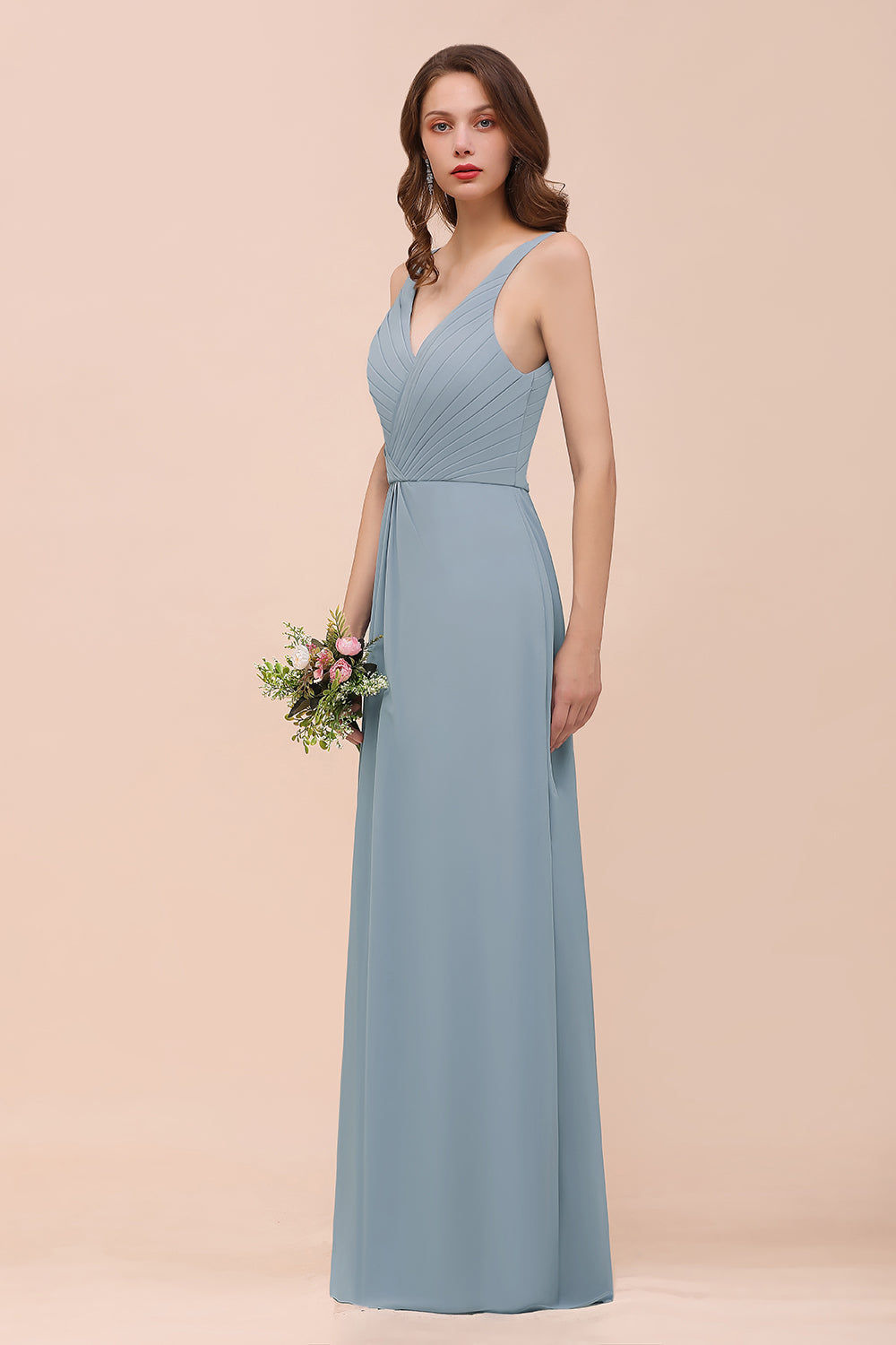 Elegant V-Neck Ruffle Dusty Blue Chiffon Bridesmaid Dresses Online-27dress