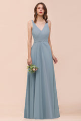 Elegant V-Neck Ruffle Dusty Blue Chiffon Bridesmaid Dresses Online-27dress