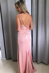 Elegant V Neck Straps Pink Long Prom Dress with Slit