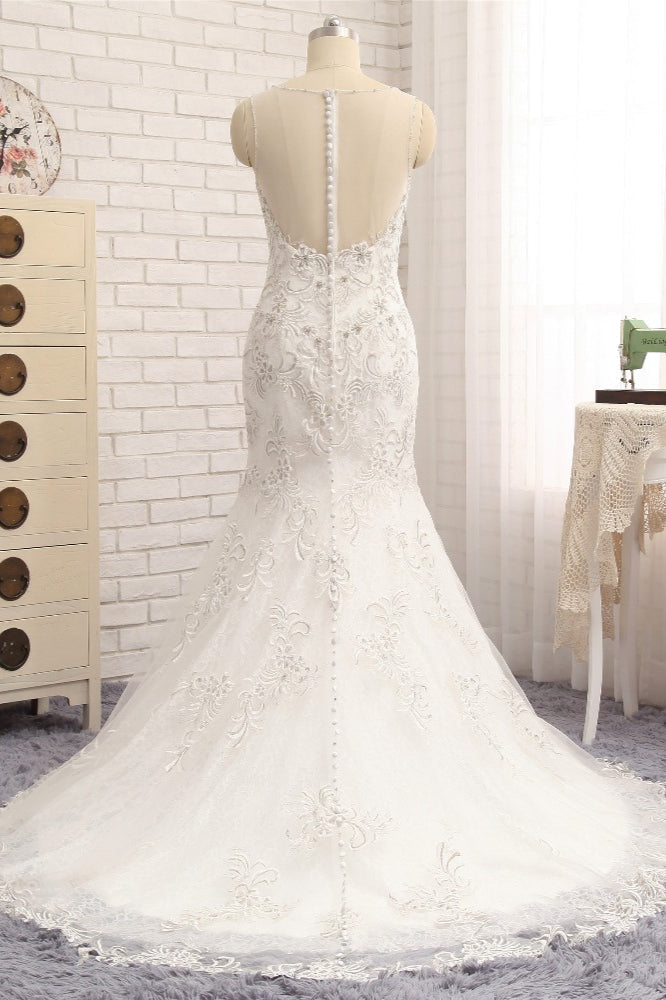 Elegant White Sleeveless Jewel Wedding Dresses With Appliques Mermaid Lace Bridal Gowns Online-27dress