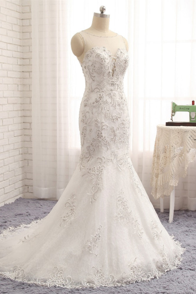 Elegant White Sleeveless Jewel Wedding Dresses With Appliques Mermaid Lace Bridal Gowns Online-27dress