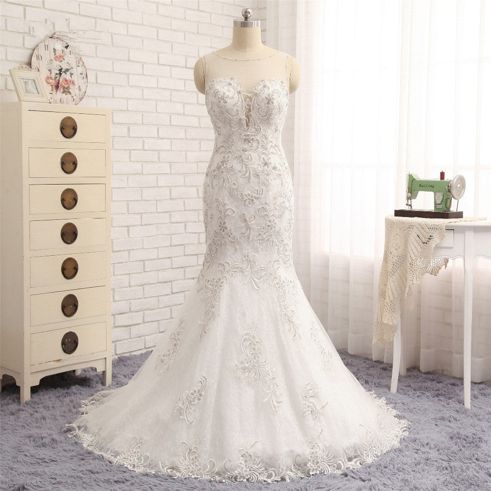 Elegant White Sleeveless Jewel Wedding Dresses With Appliques Mermaid Lace Bridal Gowns Online-27dress