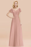 Elegent Short-Sleeve Long Bridesmaid Dress Online Yellow Chiffon Wedding Party Dress-27dress