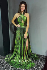 Emerald Green Metallic Key Hole Pleated Gown with Slit