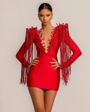 Evening Dress Short Red V-Neck Tassel Sexy Long Sleeves-27dress