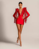 Evening Dress Short Red V-Neck Tassel Sexy Long Sleeves-27dress