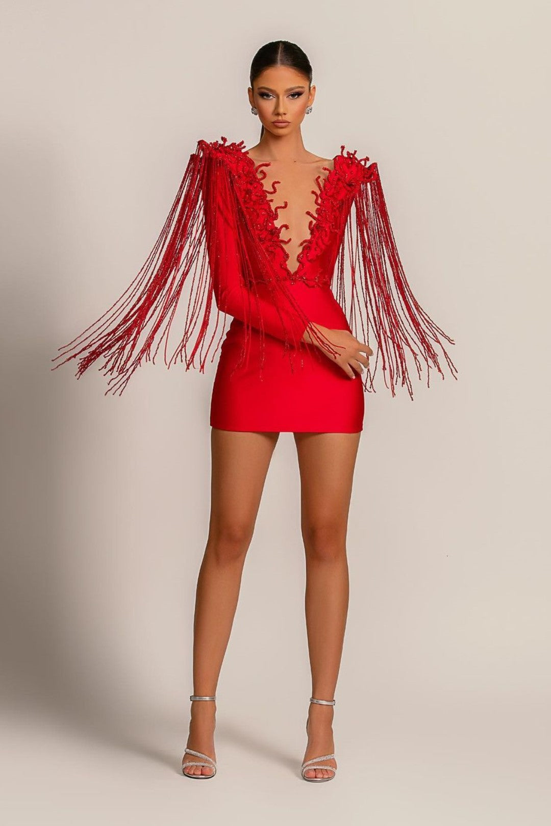 Evening Dress Short Red V-Neck Tassel Sexy Long Sleeves-27dress