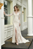 Exquisite Sheath V-Neck Long Sleeves Wedding Dress With Slit-27dress