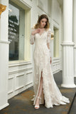 Exquisite Sheath V-Neck Long Sleeves Wedding Dress With Slit-27dress