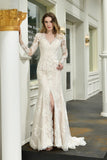 Exquisite Sheath V-Neck Long Sleeves Wedding Dress With Slit-27dress