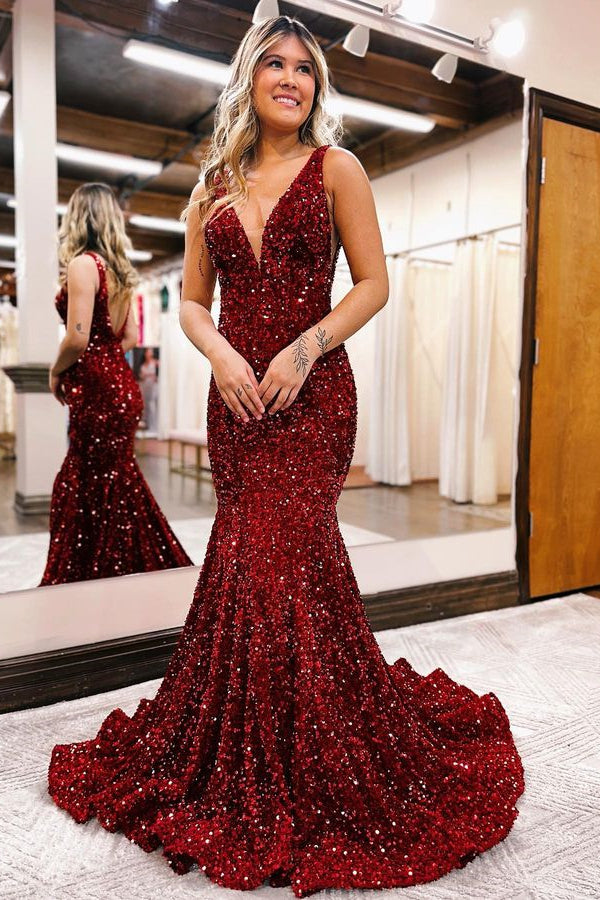 Charming V Neck Mermaid Sweep Evening Dress with Sequins