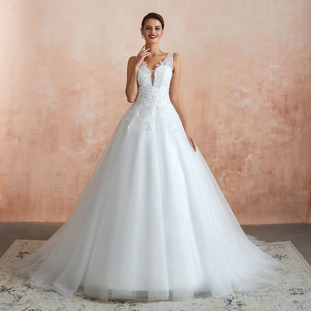 Fantastic Tulle Appliques Sleeveless White Wedding Dresses Online-27dress