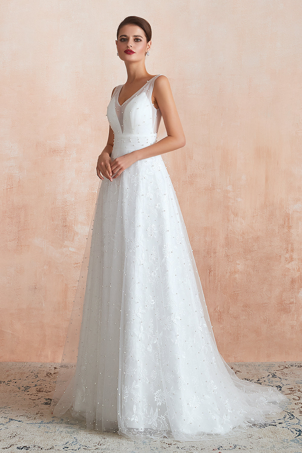 Fantastic V-Neck Sleeveless White Appliques Wedding Dress With Pearls-27dress