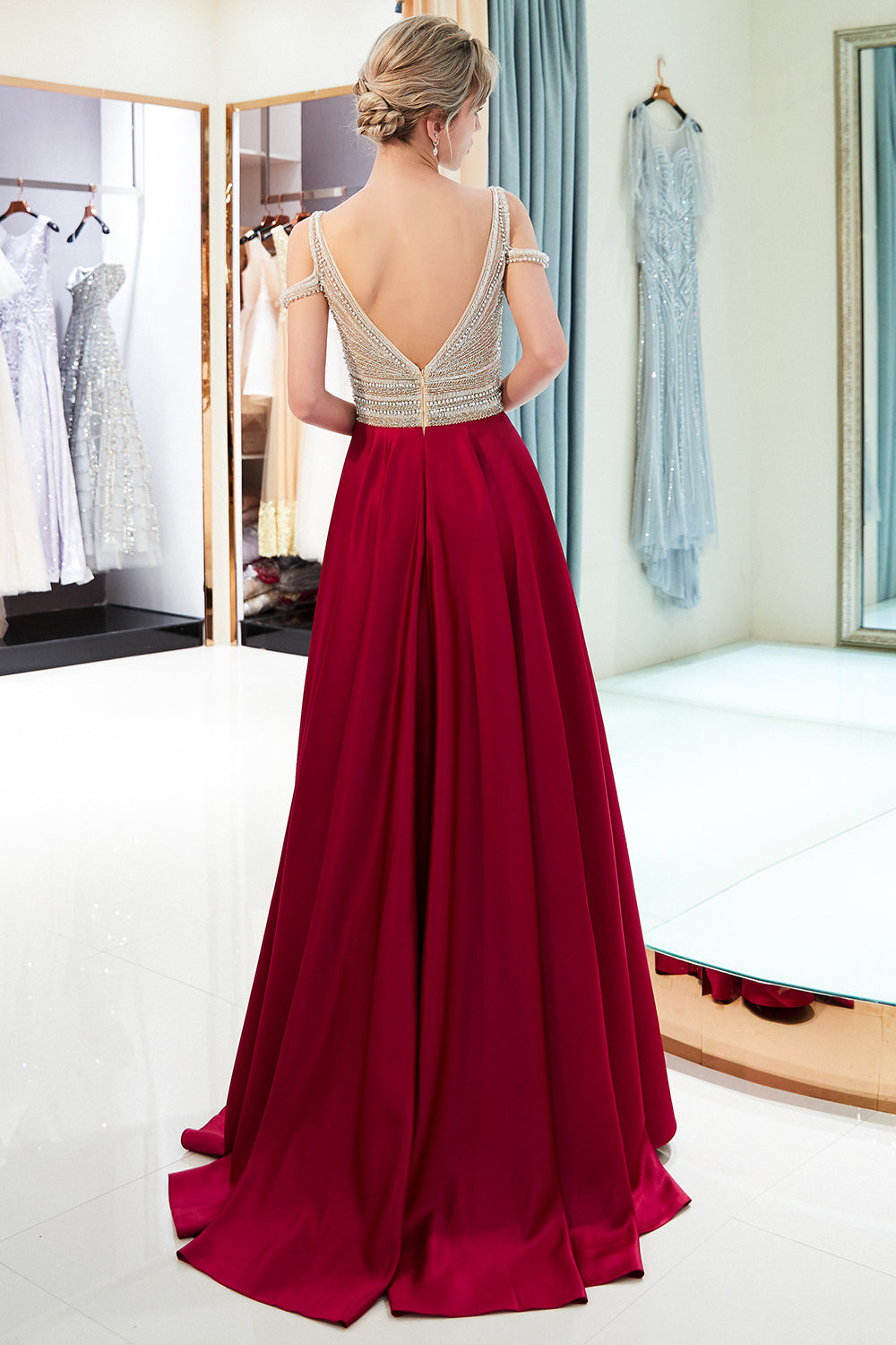 Fascinating Long A-line V-neck Beaded Stretch Satin Evening Dresses-27dress