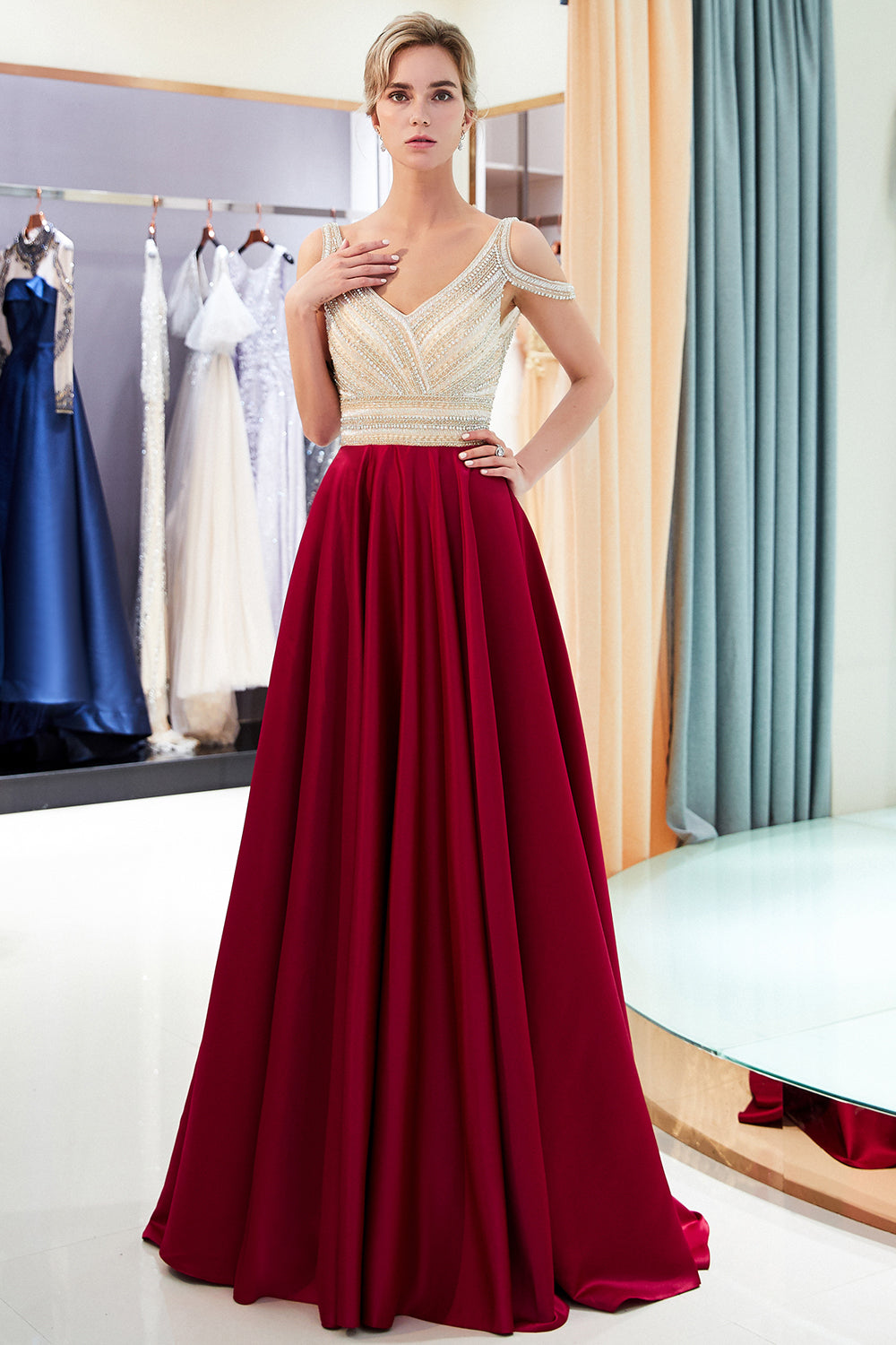 Fascinating Long A-line V-neck Beaded Stretch Satin Evening Dresses-27dress