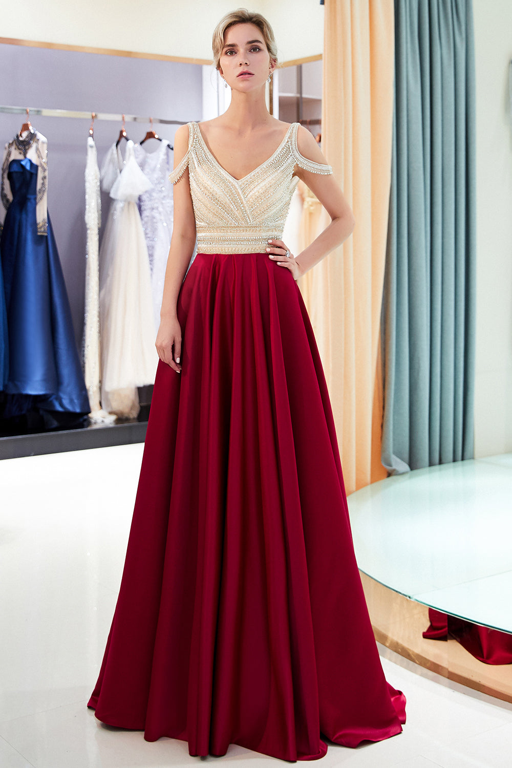 Fascinating Long A-line V-neck Beaded Stretch Satin Evening Dresses-27dress