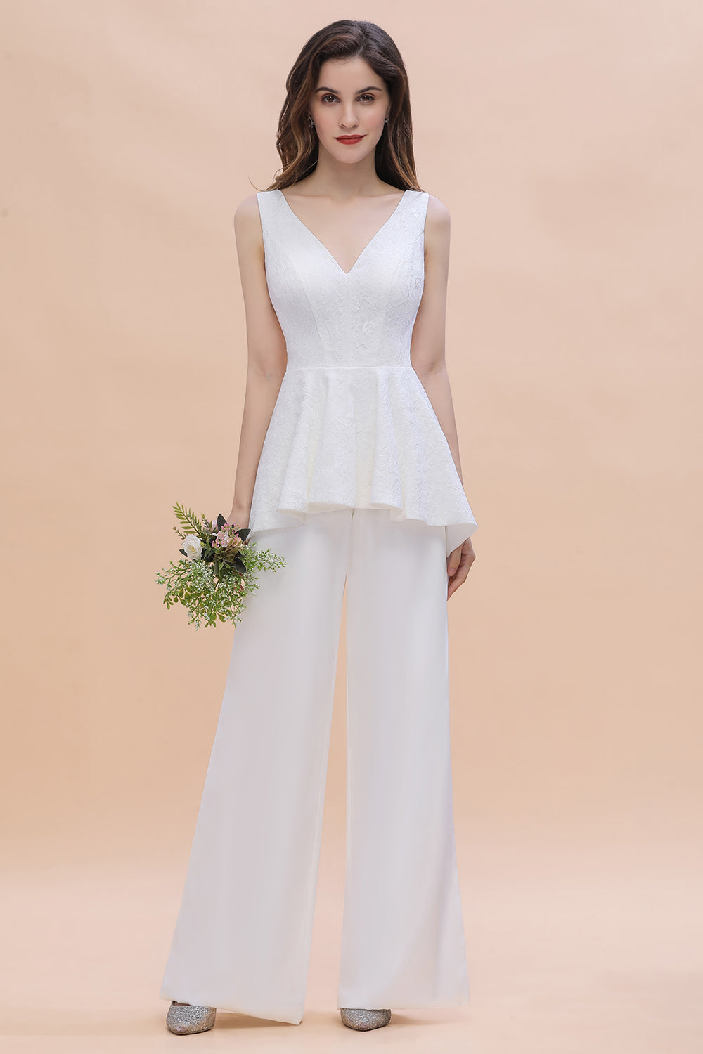 Fashion V-Neck Lace Side Slit Bridesmaid Jumpsuits with Hollowout On Sale-27dress