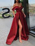 Fashionable Off-the-shoulder Satin Floor-length Prom Dress with Pockets