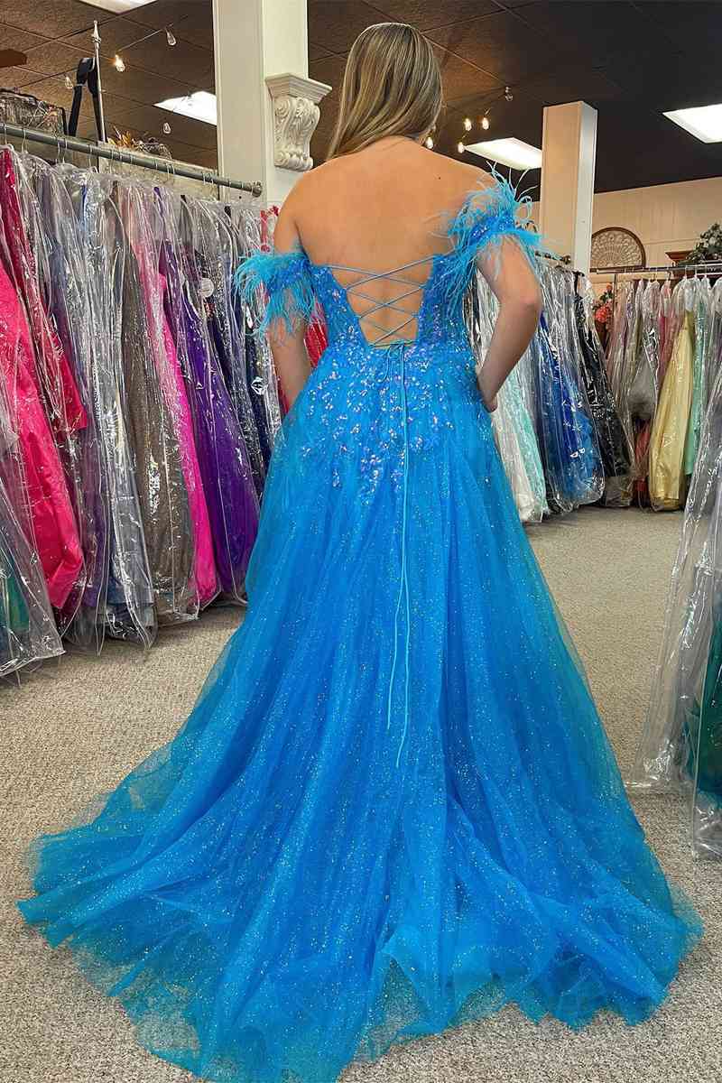 Feather Off-the-Shoulder Blue Glitter Long Formal Dress with Pockets