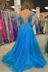 Feather Off-the-Shoulder Blue Glitter Long Formal Dress with Pockets