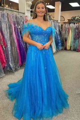 Feather Off-the-Shoulder Blue Glitter Long Formal Dress with Pockets