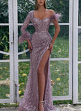 Feather Sheath Prom Dress with Sequined One Shoulder and Long Sleeves-27dress