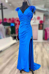 Feather Shoulder Blue Pleated Long Formal Dress