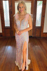 Feather Straps Pink Glitters Long Prom Dress