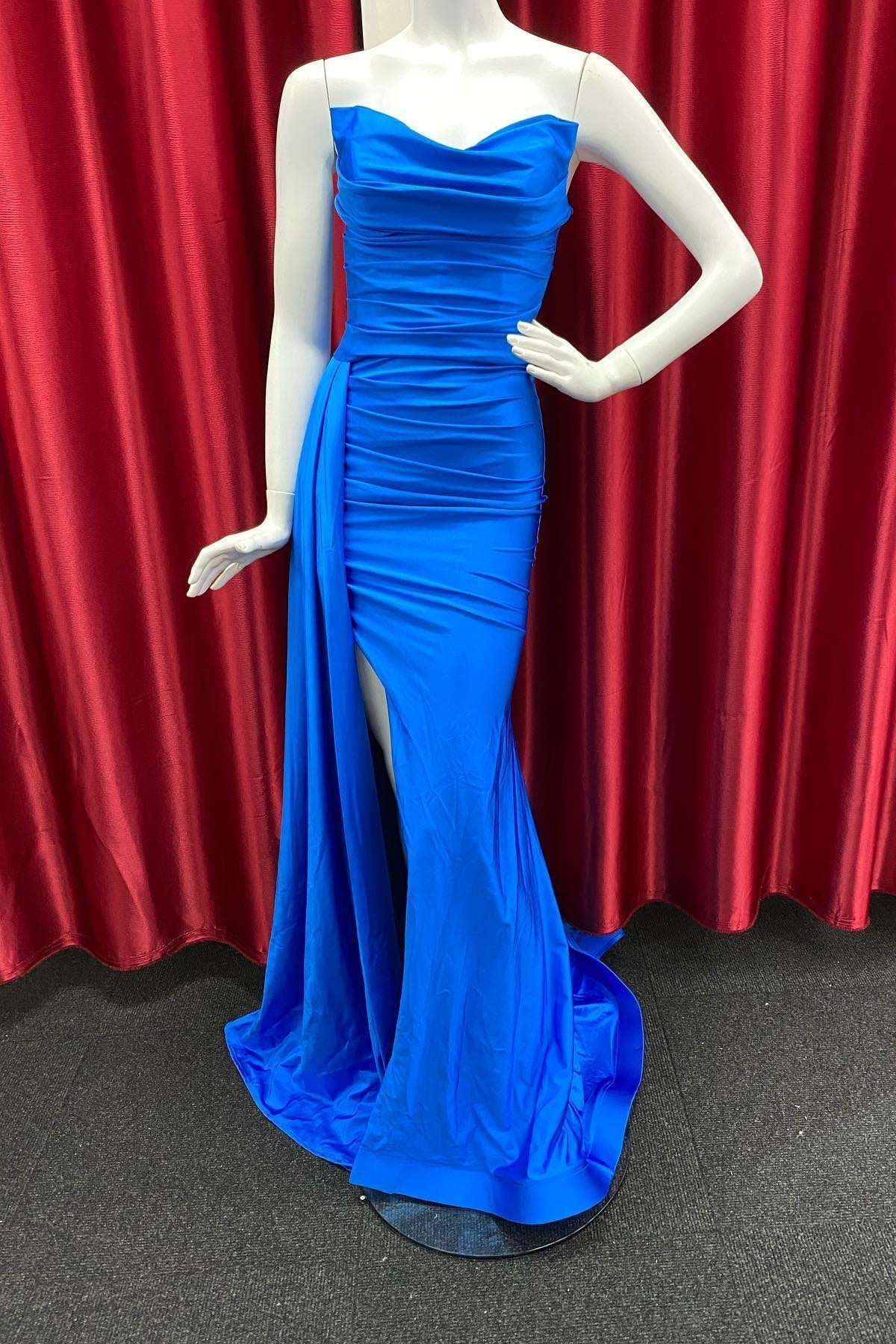 Fichsia Cowl Neck Mermaid Satin Pleated Slit Long Prom Dress