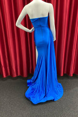 Fichsia Cowl Neck Mermaid Satin Pleated Slit Long Prom Dress