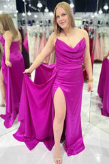 Fichsia Cowl Neck Mermaid Satin Pleated Slit Long Prom Dress