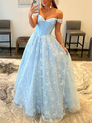 Floor-length Lace Satin Prom Dress with Off-the-shoulder and Flower(s) Design for Ball Gown/Princess Look