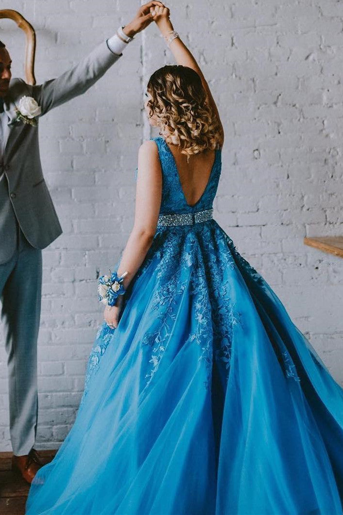 Floor Length Light Sky Blue Prom Dress with Appliques and Beaded Belt