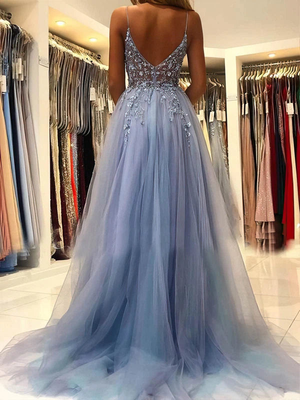 Floor-length V-neck Tulle Beading Prom Dress for Princesses