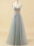 Floor-length V-neck Tulle Beading Prom Dress for Princesses