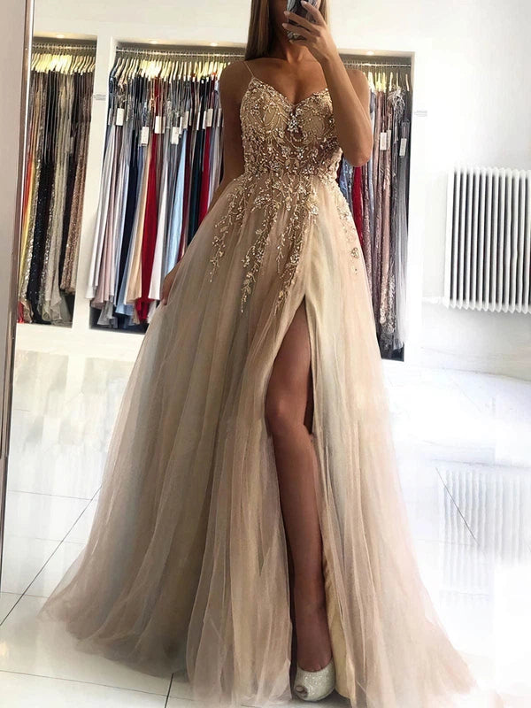 Floor-length V-neck Tulle Beading Prom Dress for Princesses