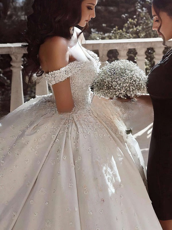 Flower Embellished Off-the-shoulder Ball Gown Satin Wedding Dress