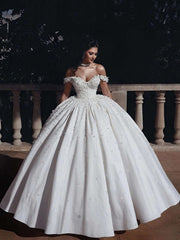 Flower Embellished Off-the-shoulder Ball Gown Satin Wedding Dress