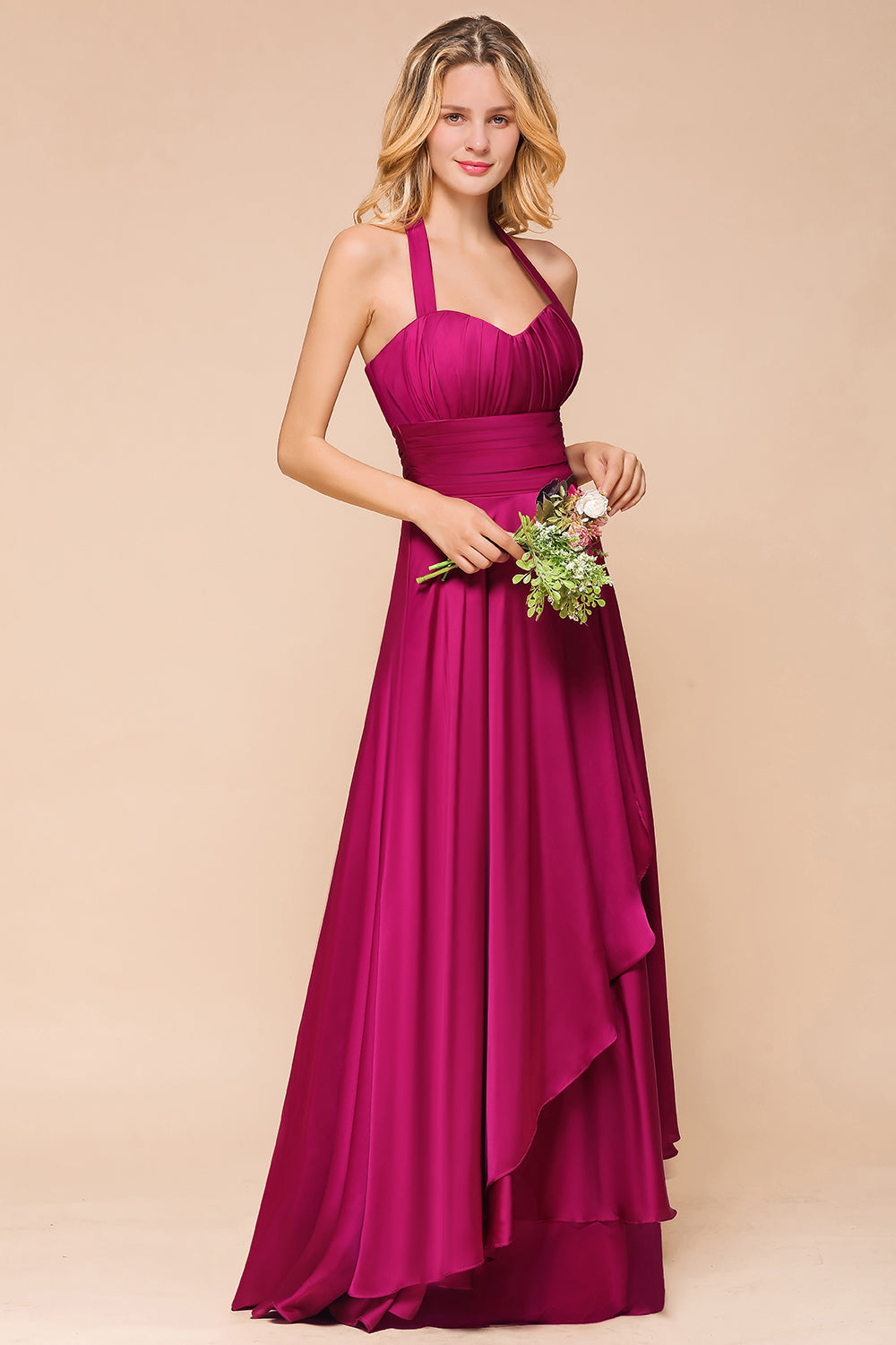 Fuchsia Halter Chiffon Bridesmaid Dresses Long Online-27dress