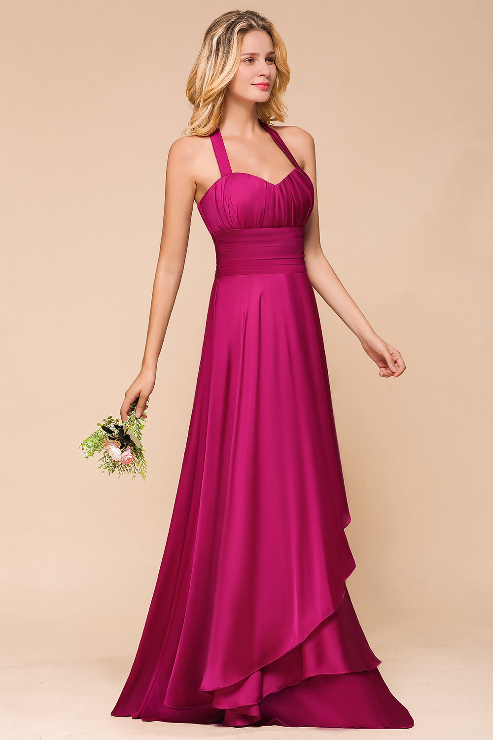 Fuchsia Halter Chiffon Bridesmaid Dresses Long Online-27dress