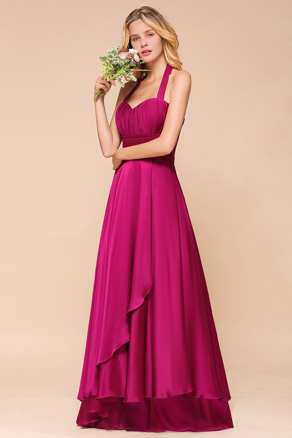 Fuchsia Halter Chiffon Bridesmaid Dresses Long Online-27dress